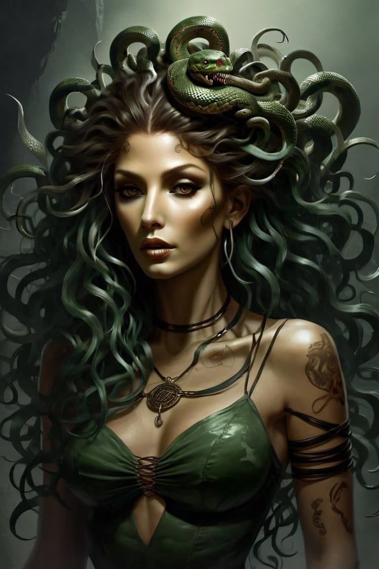 Create a captivating and realistic digital artwork of Medusa, the mythological Gorgon, with her iconic snake hair. Craft a scene that portrays her in all her terrifying beauty, and bring out the intricate details of her serpentine locks. show the terror of snakes as hair by using your artistic talent to capture the essence of this mythical character, making her come to life on the canvas. Let your imagination and creativity run wild in depicting Medusa and her mesmerizing, venomous hair in a way that evokes both fear and fascination,