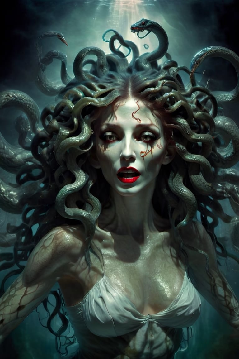 Create a captivating and realistic digital artwork of Medusa, the mythological Gorgon, with her iconic snake hair. Craft a scene that portrays her in all her terrifying beauty, and bring out the intricate details of her serpentine locks. Use your artistic talent to capture the essence of this mythical character, making her come to life on the canvas. Let your imagination and creativity run wild in depicting Medusa and her mesmerizing, venomous hair in a way that evokes both fear and fascination, she is standing in a pool of water, the water ripples arounf her, she wears a loose white top, red lips, a wry smile on her face, she is terrifying,