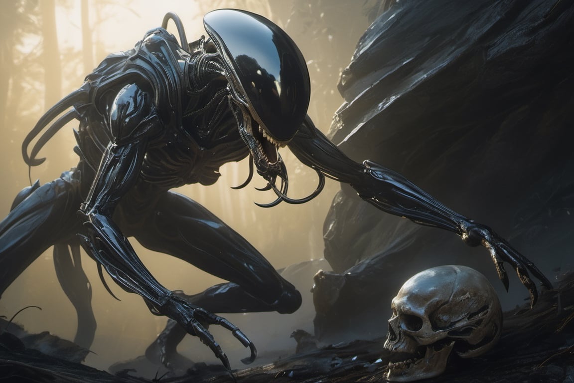 an alien sspider xenomorph launches itself at a nearby victim,  black shiny see through carapace with skull visible behind...