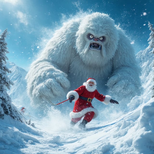 Tracking shot of a panicked santa claus,  fighting a huge snowball monster . In this iconic action scene,  Santa is domina...