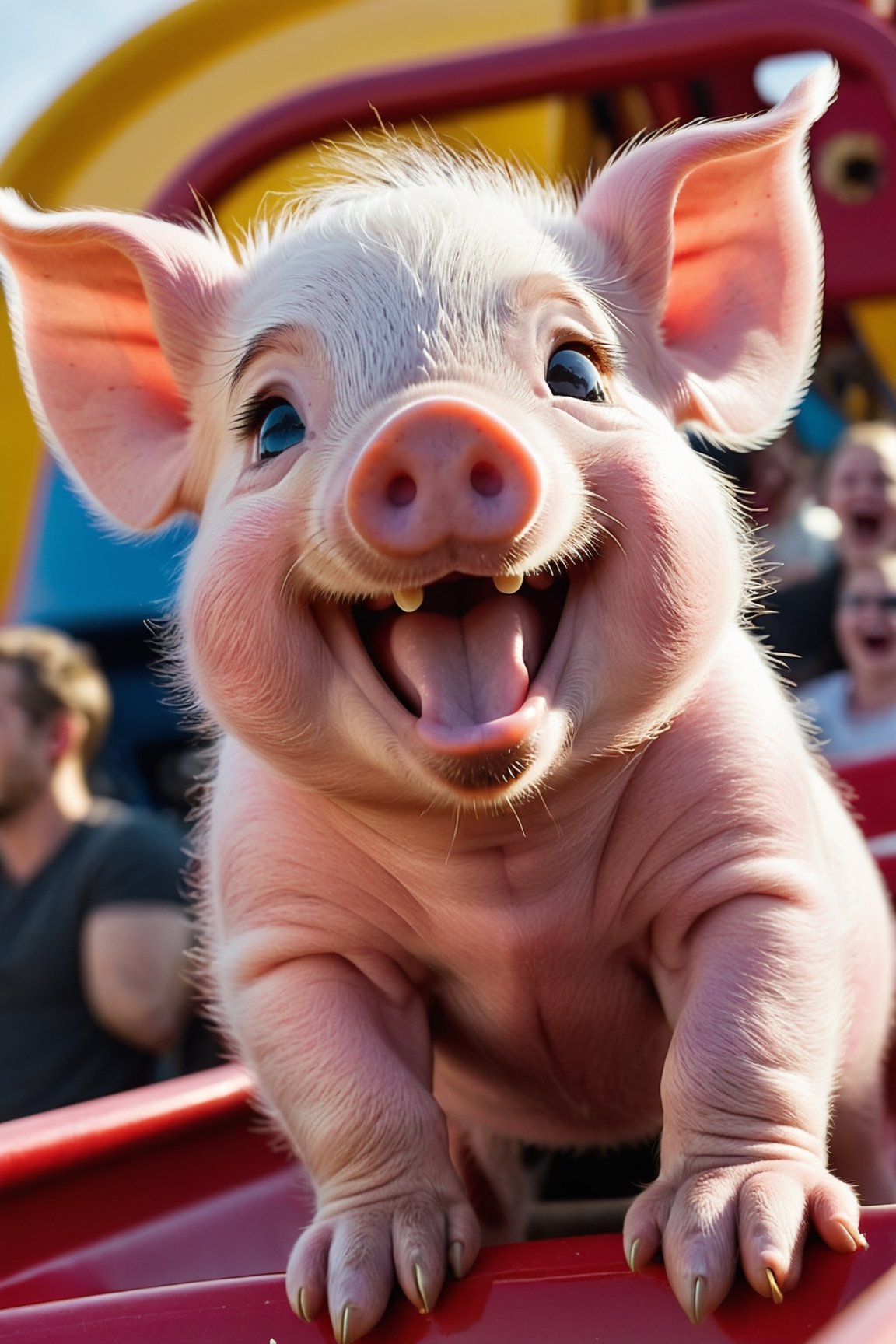 a cute 10 week old piglet,  white,  riding the roller coaster at the fairground by Ravishastri on Tensor.Art