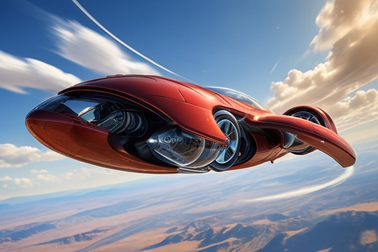 Create a visionary flying car that pushes the boundaries of design and technology. The machine is soaring above stunning l...