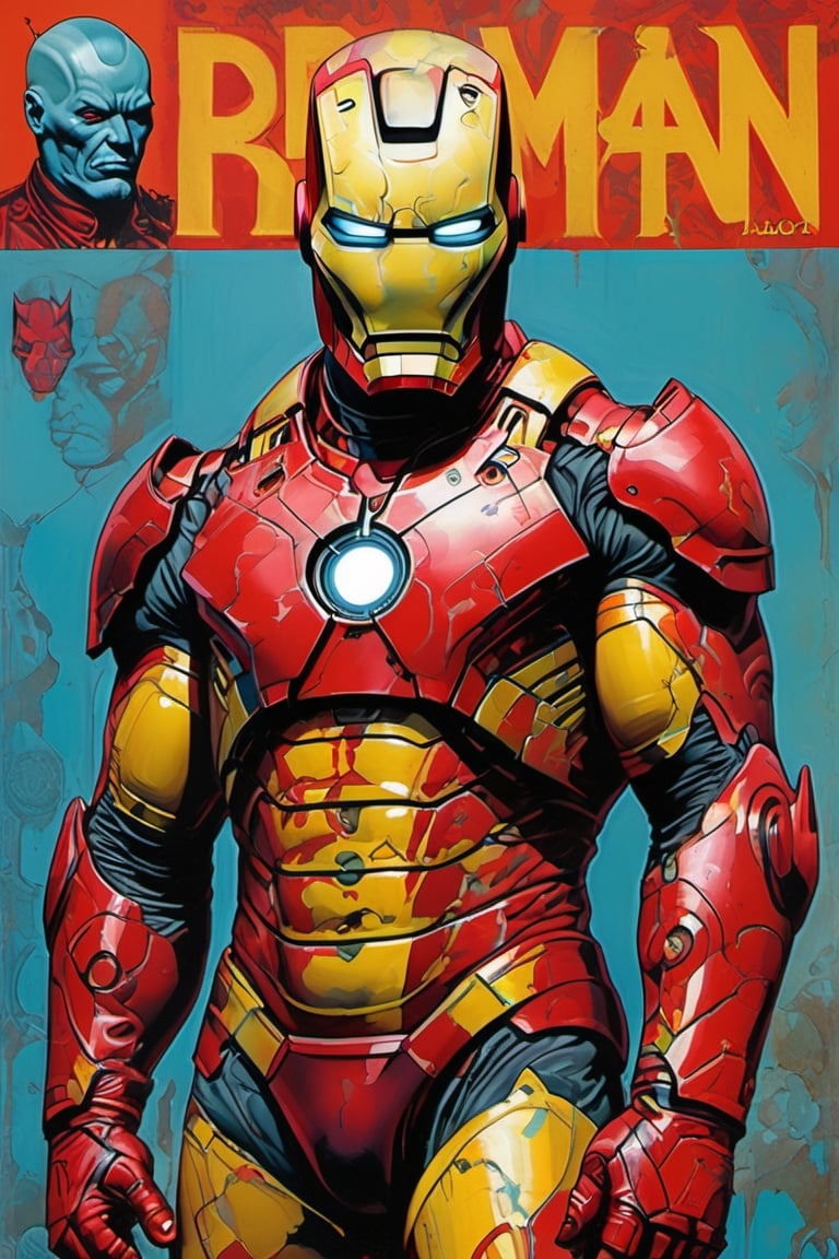 Iron man, Horror Comics style, art by brom, tattoo by ed hardy, shaved hair, neck tattoos andy warhol, heavily muscled, biceps,glam gore, horror, demonic, hell visions, demonic women, military poster style, asian art, chequer board