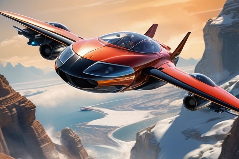 Create a visionary flying car that pushes the boundaries of design and technology. The machine is soaring above stunning l...