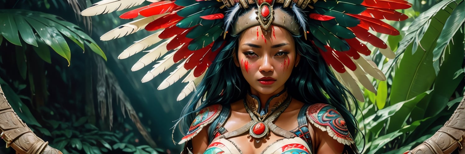 outpainting, a middle aged tribal women predator combination, centred,in the style of boris vallejo, frank frazetta, bright contrasting colours, blank stare, ,cinematic,movie still,wide shot, feathered headdress, tribal facial tattoos ,breastclamp, wide shot, a middle aged tribal women, centred,in the style of Steve bisley, bright contrasting colours, blank stare, ,cinematic,movie still,wide shot, multi feathered headdress, facial tattoos ,breastclamp, tiger skin sash between her legs, multiple red blood stains on her upper torso, sunlit, misty, green jungle foliage amongst mayan ruins,Monster,JB64,WEARING HAUTE_COUTURE DESIGNER DRESS