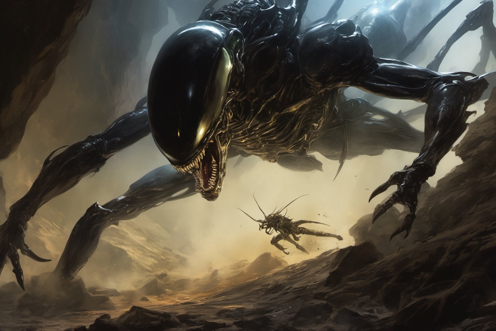 an alien sspider xenomorph launches itself at a nearby victim,  black shiny carapace,  see through to the skull by Ravisha...
