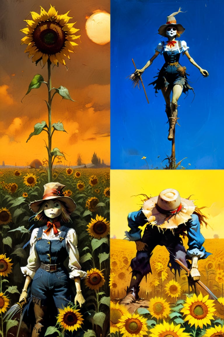  solo focus, hd, 8k, vintage illustration, A vintage-inspired scarecrow standing proudly in a sunflower field, with a worn-out hat and a rusty pitchfork. , masterpiece, award winning illustration by Frank Frazetta, a sexy female scarecrow, DarkFantasy, dark atmosphere, advntr,fr4z3tt4