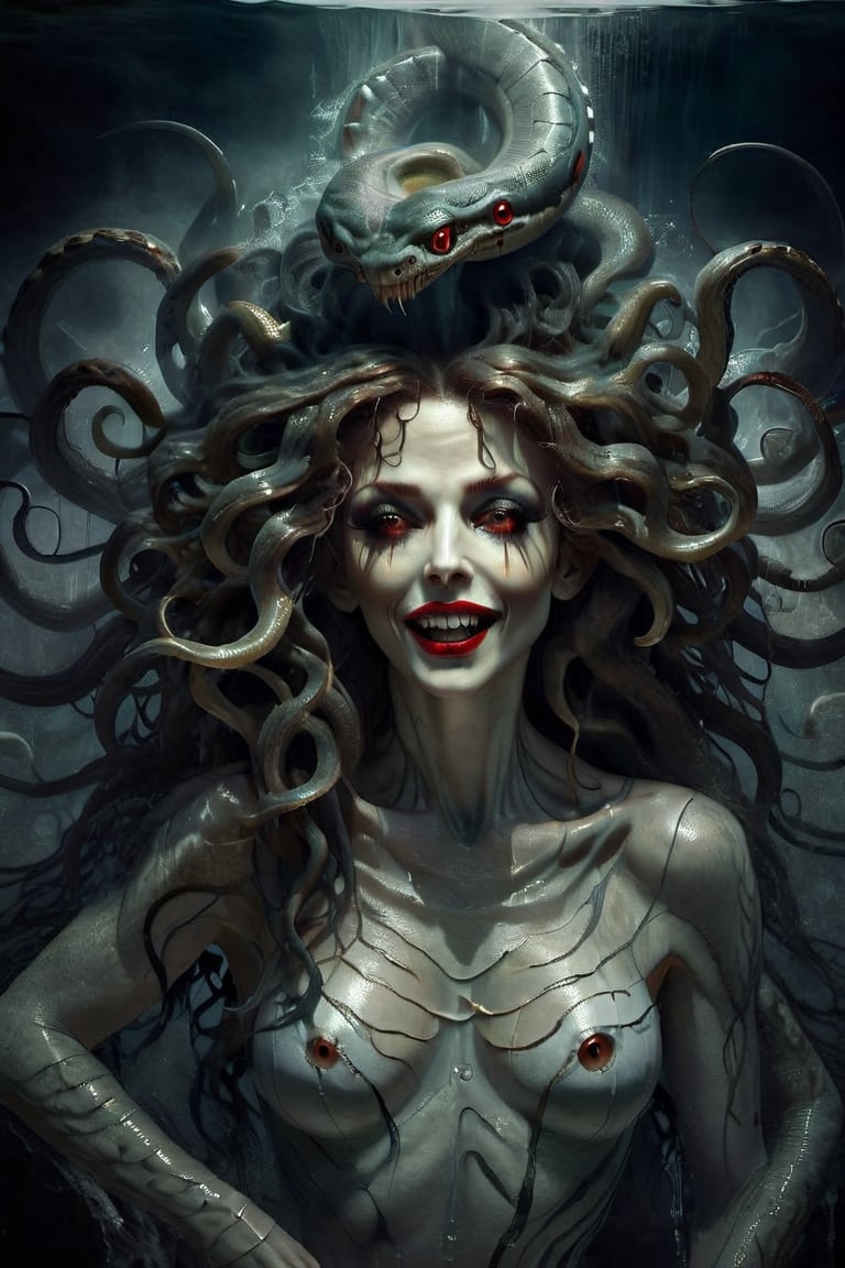 Create a captivating and realistic digital artwork of Medusa, the mythological Gorgon, with her iconic snake hair. Craft a scene that portrays her in all her terrifying beauty, and bring out the intricate details of her serpentine locks. Use your artistic talent to capture the essence of this mythical character, making her come to life on the canvas. Let your imagination and creativity run wild in depicting Medusa and her mesmerizing, venomous hair in a way that evokes both fear and fascination, she is standing in a pool of water, the water ripples arounf her, she wears a loose white top, red lips, a wry smile on her face, she is terrifying,