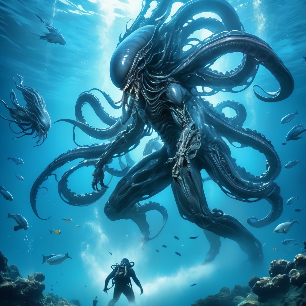 an alien xenomorph launches itself at a nearby victim,  a giant octopus,  motion blur by Ravishastri on Tensor.Art