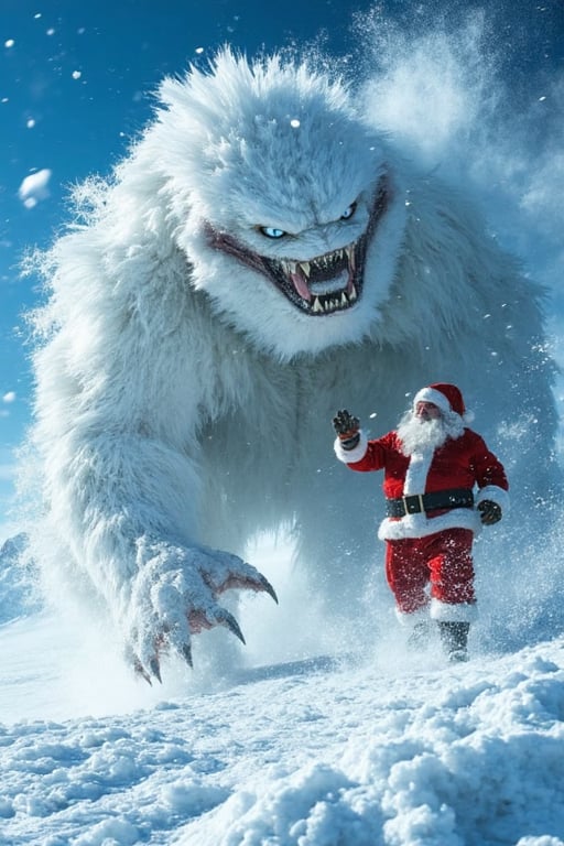 Tracking shot of a panicked santa claus,  fighting a huge snowball monster . In this iconic action scene,  Santa is domina...