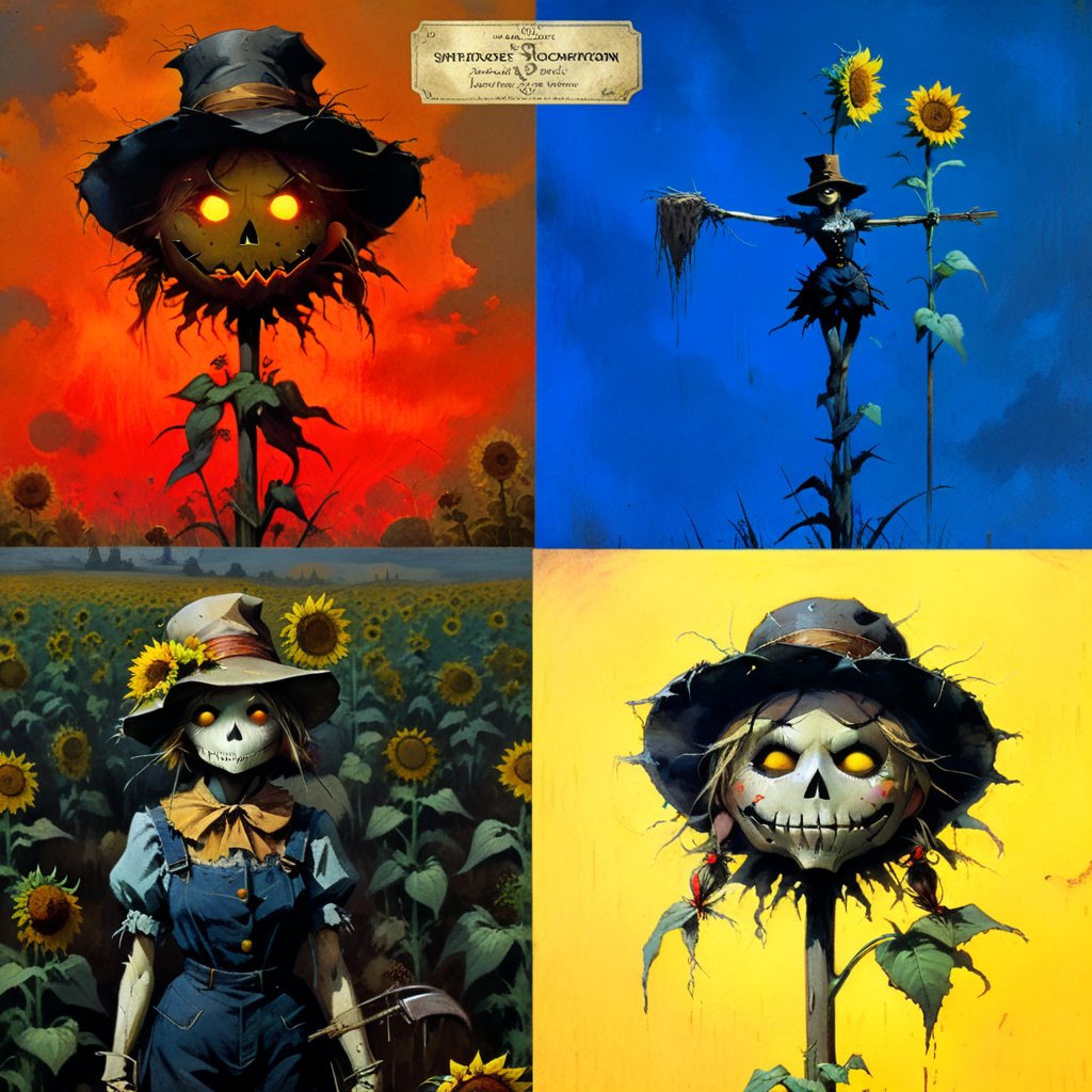  solo focus, hd, 8k, vintage illustration, A vintage-inspired scarecrow standing proudly in a sunflower field, with a worn-out hat and a rusty pitchfork. , masterpiece, award winning illustration by Frank Frazetta, a sexy female scarecrow, DarkFantasy, dark atmosphere, advntr,fr4z3tt4