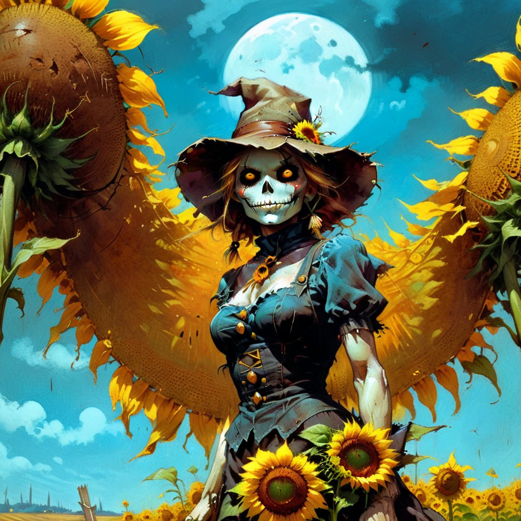  solo focus, hd, 8k, vintage illustration, A vintage-inspired scarecrow standing proudly in a sunflower field, with a worn-out hat and a rusty pitchfork. , masterpiece, award winning illustration by Frank Frazetta, a sexy female scarecrow, DarkFantasy, dark atmosphere, advntr,fr4z3tt4