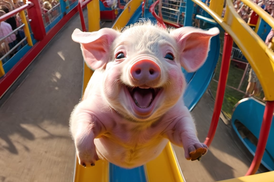 a cute 10 week old piglet,  white,  riding the roller coaster at the fairground by Ravishastri on Tensor.Art