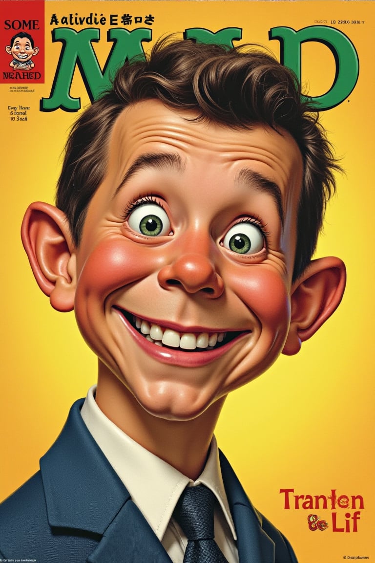 Mad magazine cover featuring alfred e neuman, typical pose with toothy smilem gap in teeth, going some weird thing that is funny, weird and stupid