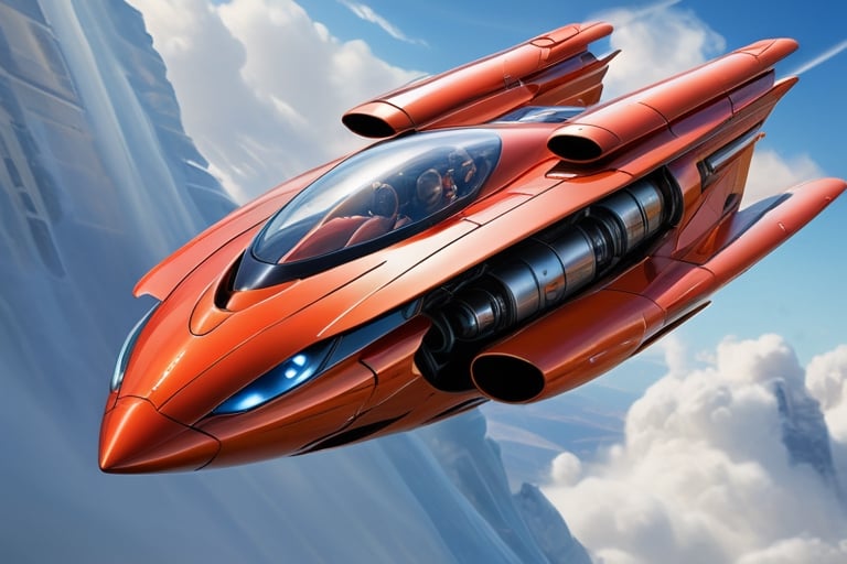 Create a visionary flying car that pushes the boundaries of design and technology. The machine is soaring above stunning l...