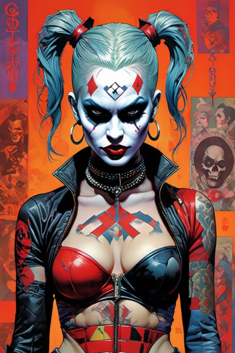  HarleyQuinn ,Horror Comics style, art by brom, tattoo by ed hardy, shaved hair, neck tattoos andy warhol, heavily muscled, biceps,glam gore, horror, demonic, hell visions, demonic women, military poster style, asian art, chequer board