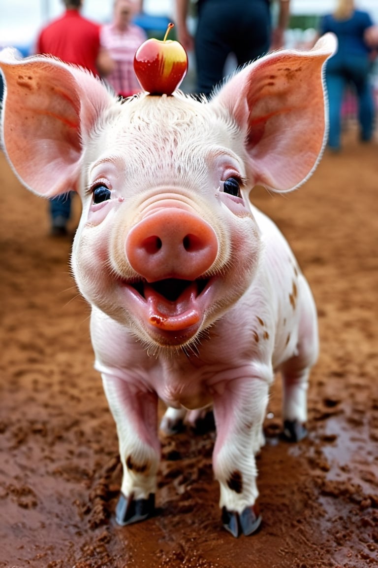 a cute 10 week old piglet,  white,  munching on a big red dripping sticky toffee apple at the fair both trotters gripping...