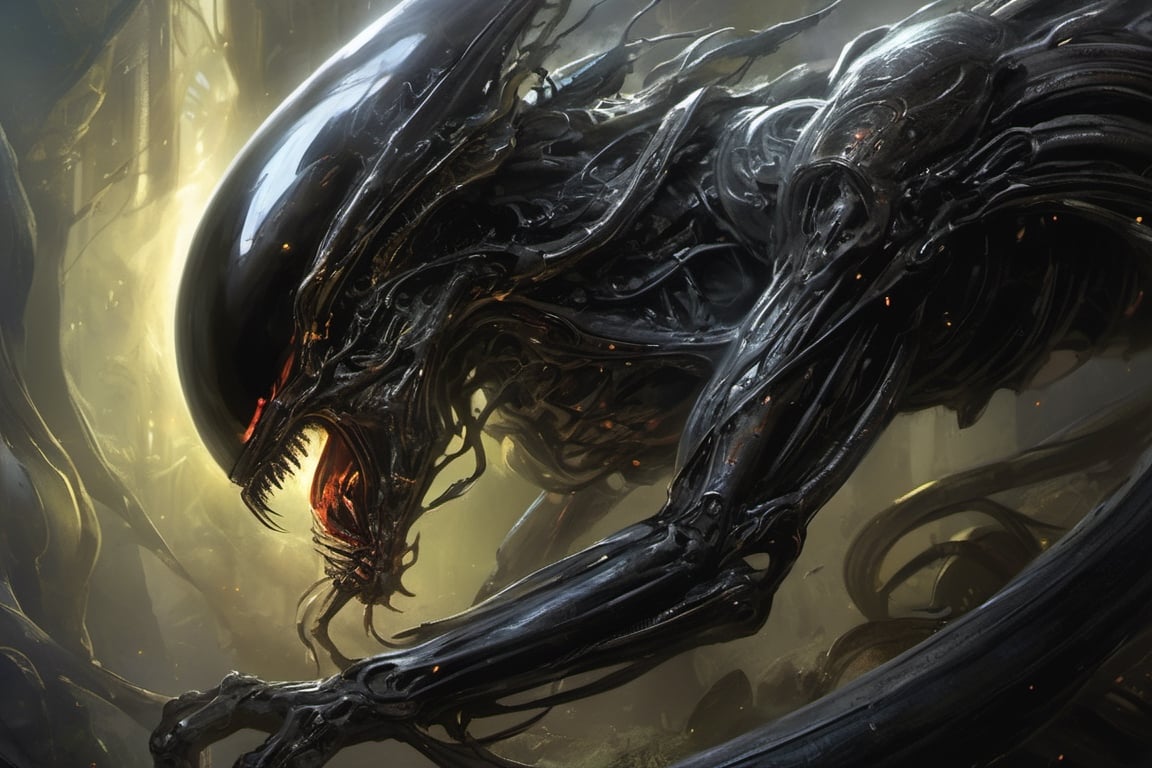 an alien sspider xenomorph launches itself at a nearby victim,  black shiny carapace,  see through to the skull by Ravisha...