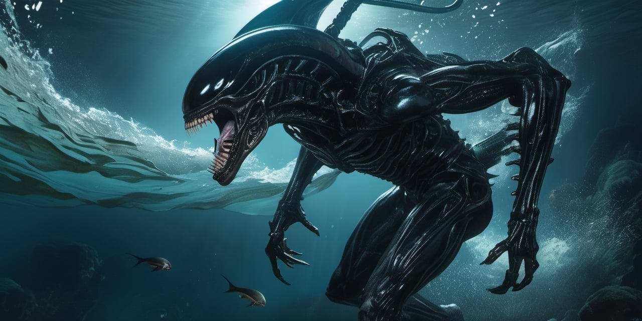 an alien xenomorph launches itself at a nearby victim,  black shiny carapace,  drool by Ravishastri on Tensor.Art