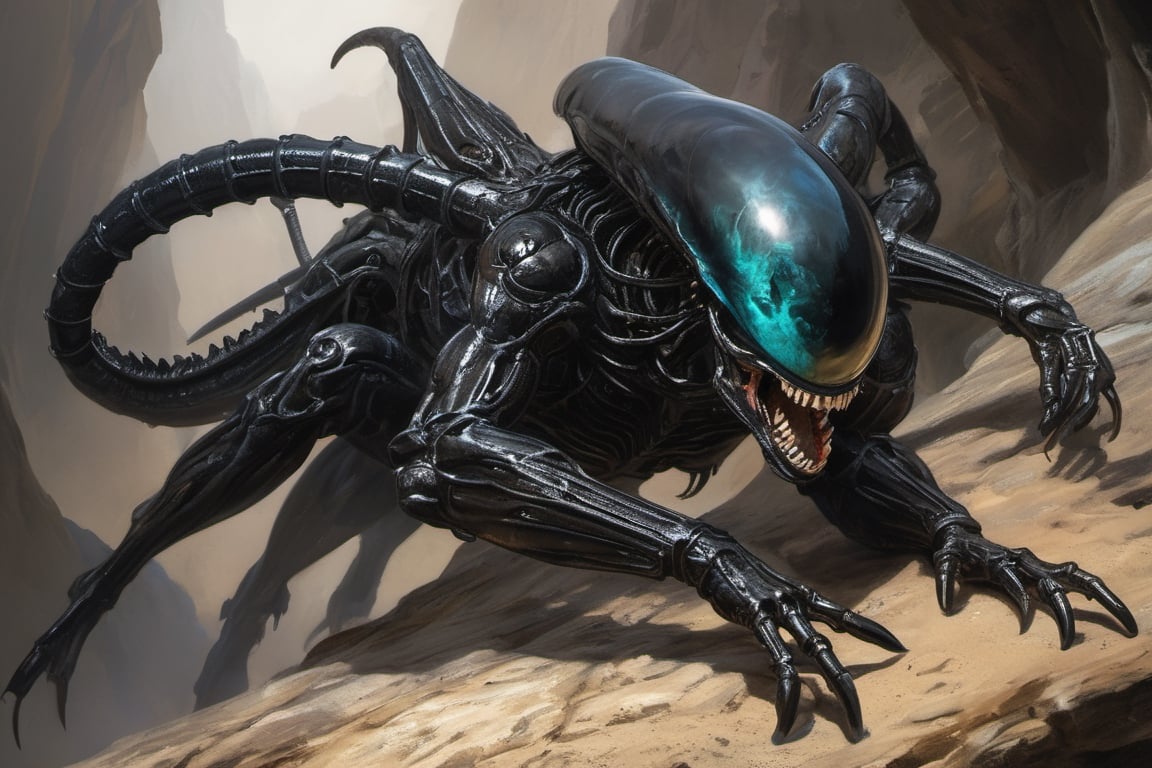 an alien sspider xenomorph launches itself at a nearby victim,  black shiny carapace,  see through to the skull by Ravisha...