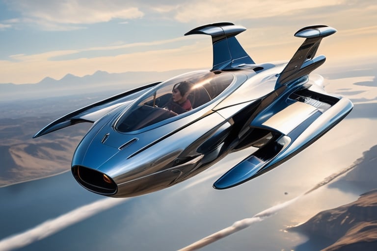 Create a visionary flying car that pushes the boundaries of design and technology. The machine is soaring above stunning l...