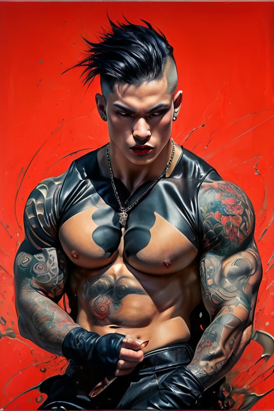 heaven poster, manga style, an oil painting, a masterpiece, art by TavitaNiko, art by Vallejo, art by Klimt , art by brom, tattoo by ed hardy, shaved hair, neck tattoos andy warhol, heavily muscled, biceps,glam gore, horror, demonic, hell visions, demonic women, military poster style, asian art, chequer board,