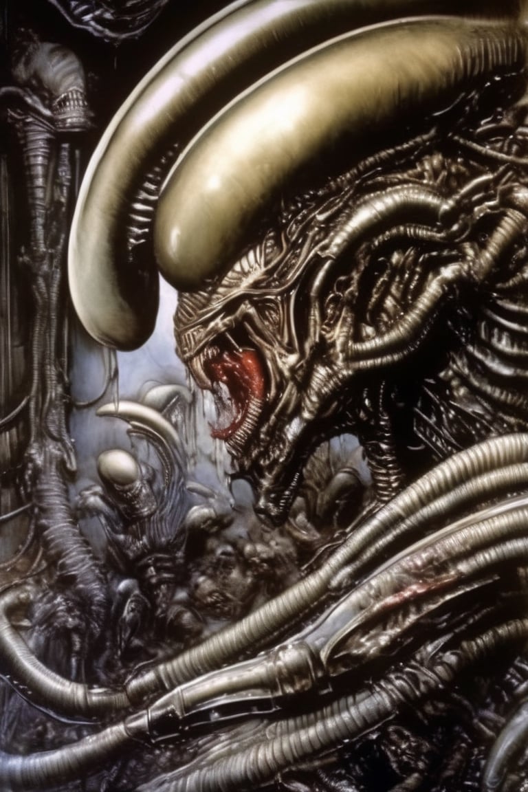 art by Masamune Shirow, art by hr giger, a masterpiece, stunning beauty, hyper-realistic oil painting, a xenomorph, low lighting, intense, dripping blood and sweat, messed up, battling human troopers, a telephoto shot, 1000mm lens, f2,8, 