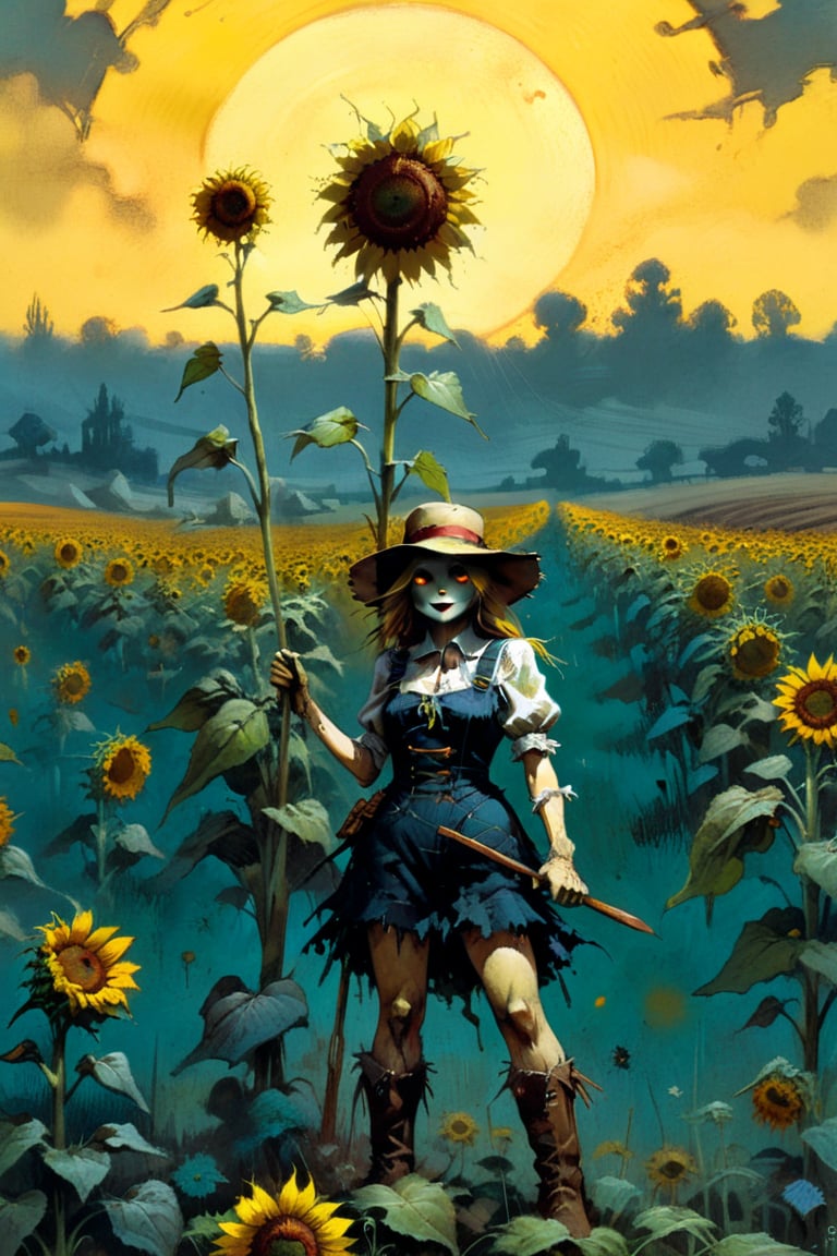  solo focus, hd, 8k, vintage illustration, A vintage-inspired scarecrow standing proudly in a sunflower field, with a worn-out hat and a rusty pitchfork. , masterpiece, award winning illustration by Frank Frazetta, a sexy female scarecrow, DarkFantasy, dark atmosphere, advntr,fr4z3tt4