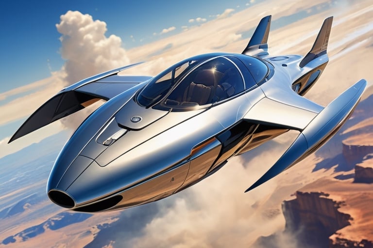 Create a visionary flying car that pushes the boundaries of design and technology. The machine is soaring above stunning l...