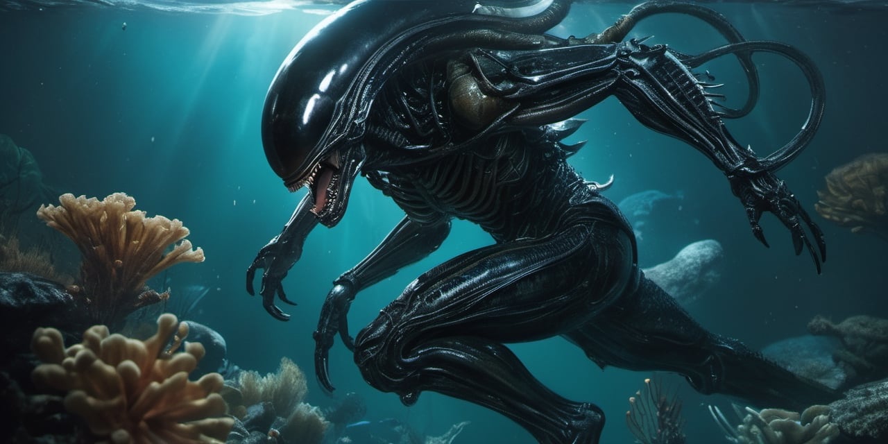 an alien xenomorph launches itself at a nearby victim,  black shiny carapace,  drool by Ravishastri on Tensor.Art