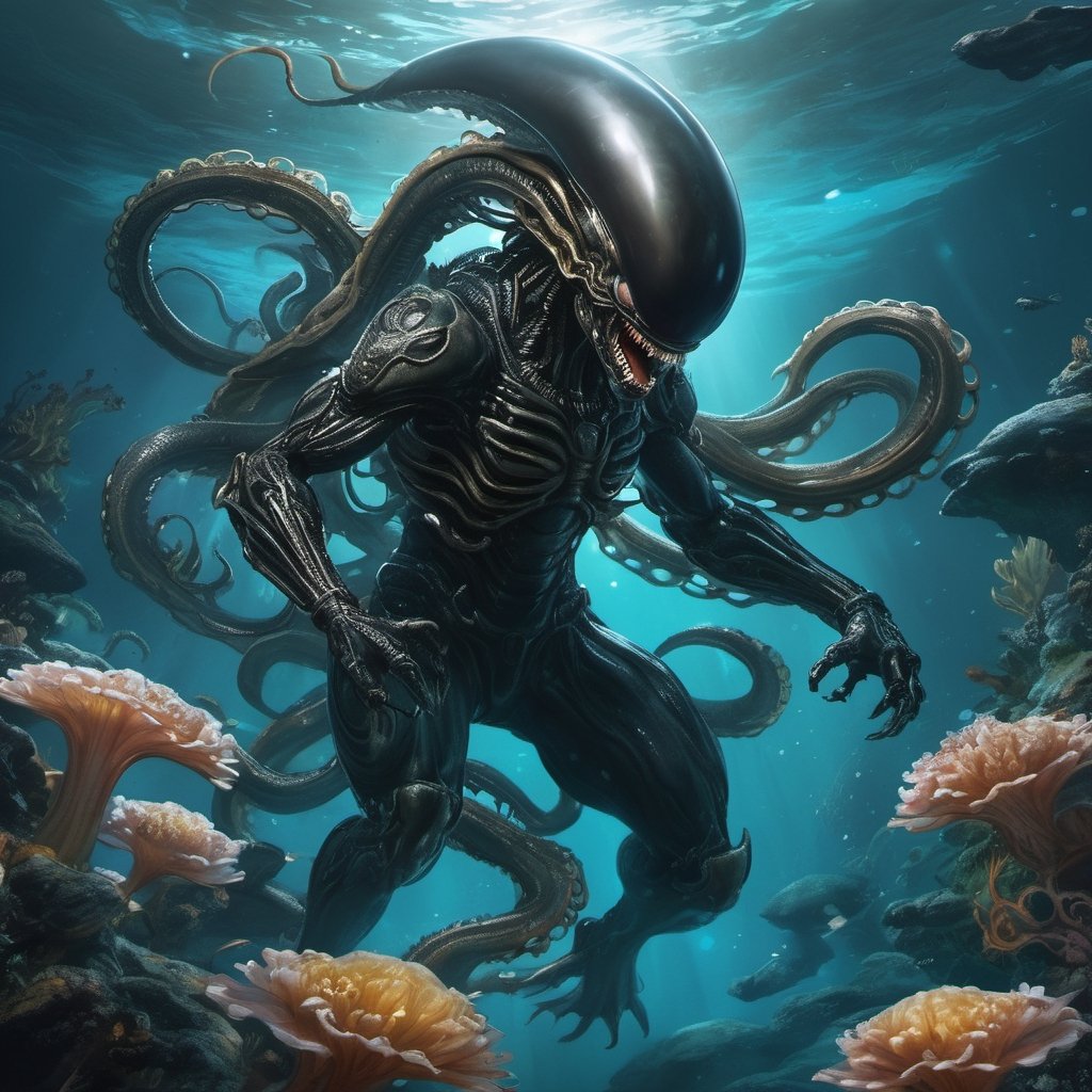 an alien xenomorph launches itself at a nearby giant octopus,  black shiny carapace,  tentacles by Ravishastri on Tensor.Art