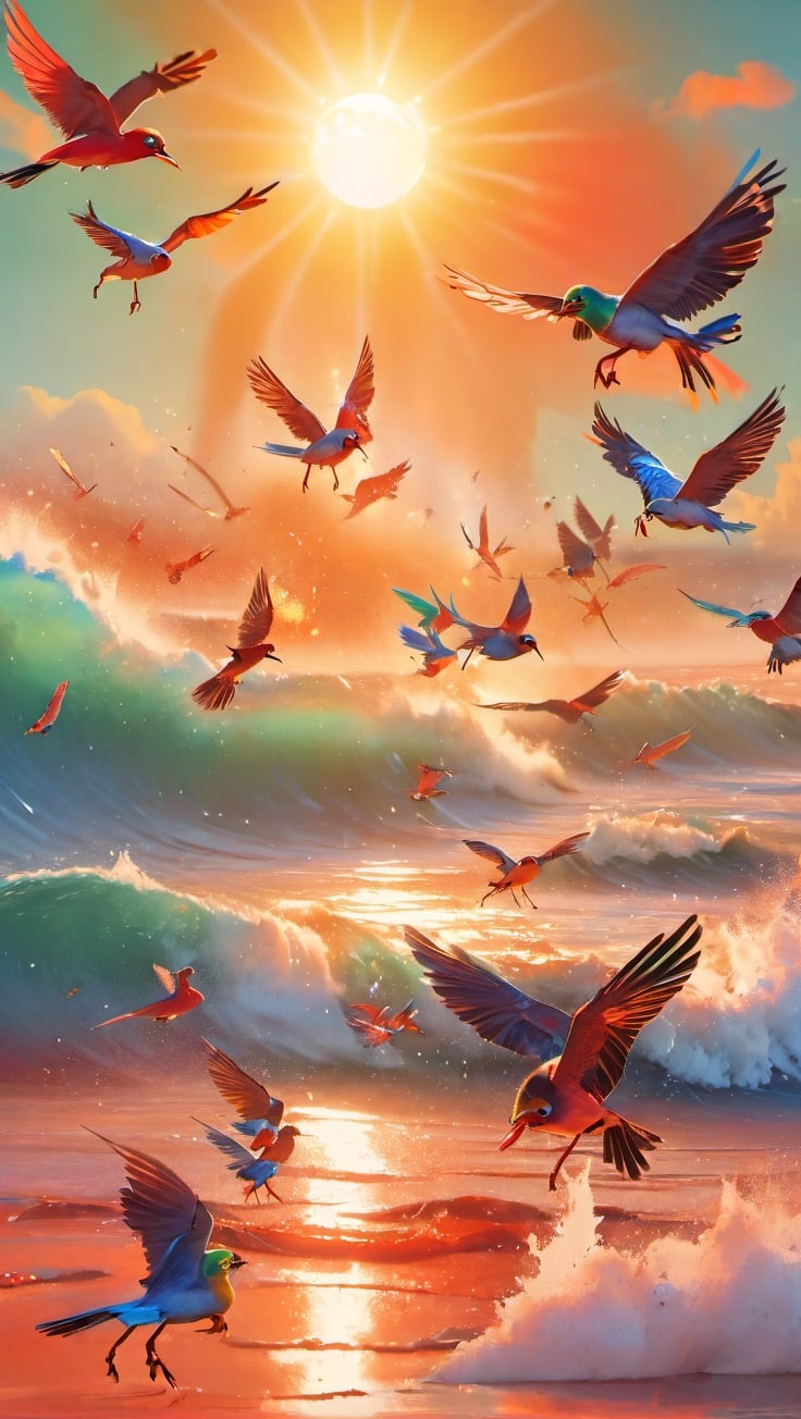 a masterpiece, a red hot sun , heating up atropical blue green beach atmosphere, birds flying in the sky, a bright red sun, 4k, ,artint,action shot,FieldSauce,painted world