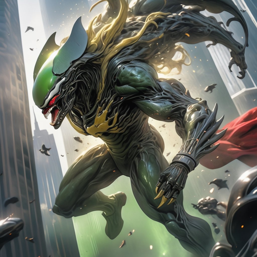 an alien superhero xenomorph launches itself at a nearby victim,  rippling muscles,  green metallic suit by Ravishastri on...
