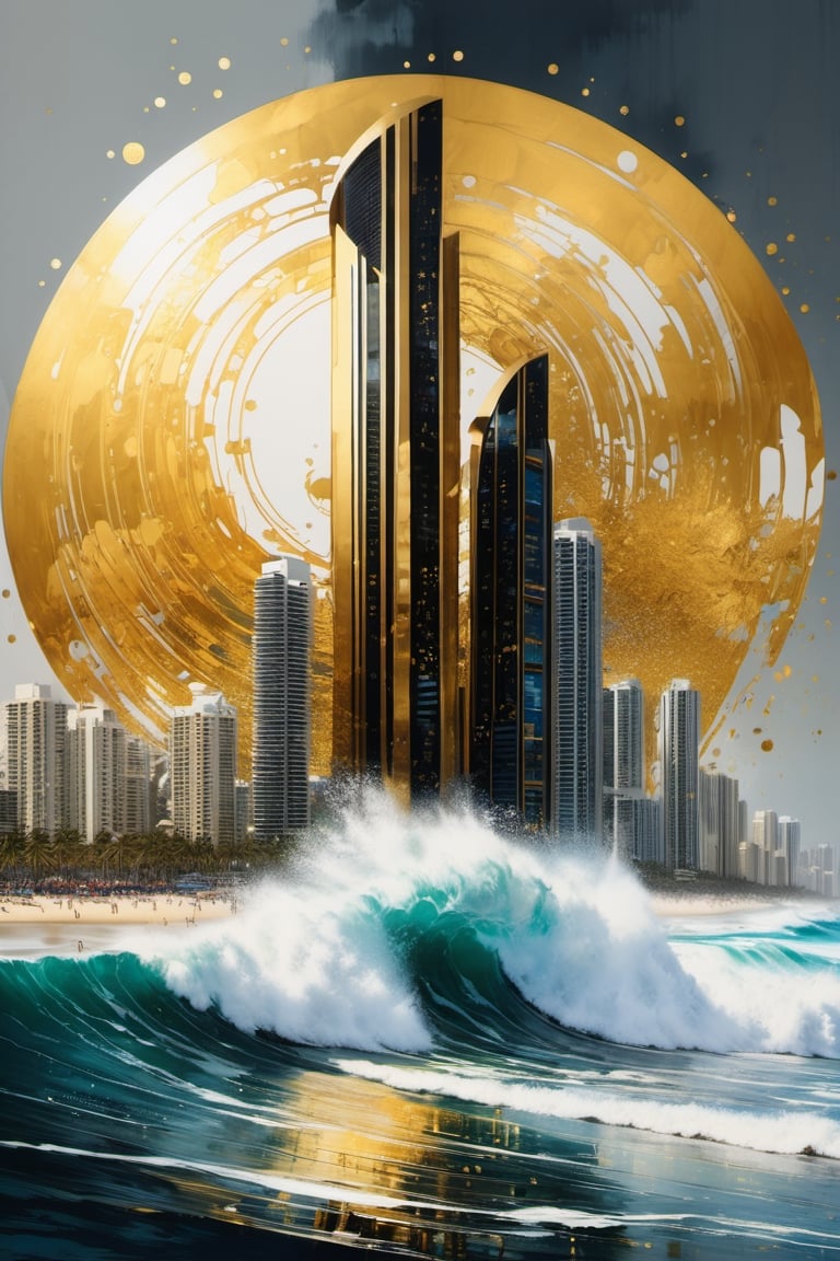 Gold Coast surfers paradise Australia hi rises,  black ink flow,  64k resolution photorealistic masterpiece by aaron horke...
