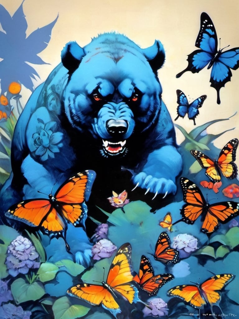 Blue bear with many baby bears, Horror Comics style, art by brom, tattoo by ed hardy, shaved hair, neck tattoos andy warhol, heavily muscled, biceps,glam gore, horror, blue bear, demonic, hell visions, demonic women, military poster style, chequer board, vogue bear portrait, Horror Comics style, art by brom, smiling, lennon sun glasses, punk hairdo, tattoo by ed hardy, shaved hair, neck tattoos by andy warhol, heavily muscled, biceps, glam gore, horror, poster style, flower garden, Easter eggs, coloured foil, oversized monarch butterflies, tropical fish, flower garden,retropunk style,vintagepaper,comic book