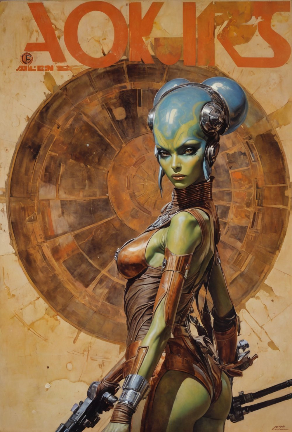 art by Masamune Shirow, art by J.C. Leyendecker, art by simon bisley, art by ralph steadman, a masterpiece, stunning beauty, hyper-realistic oil painting, star wars alien creatures, a portrait picture, incredible detail, fantasy portrait, smooth skin,  kaleidoscope graffiti background,