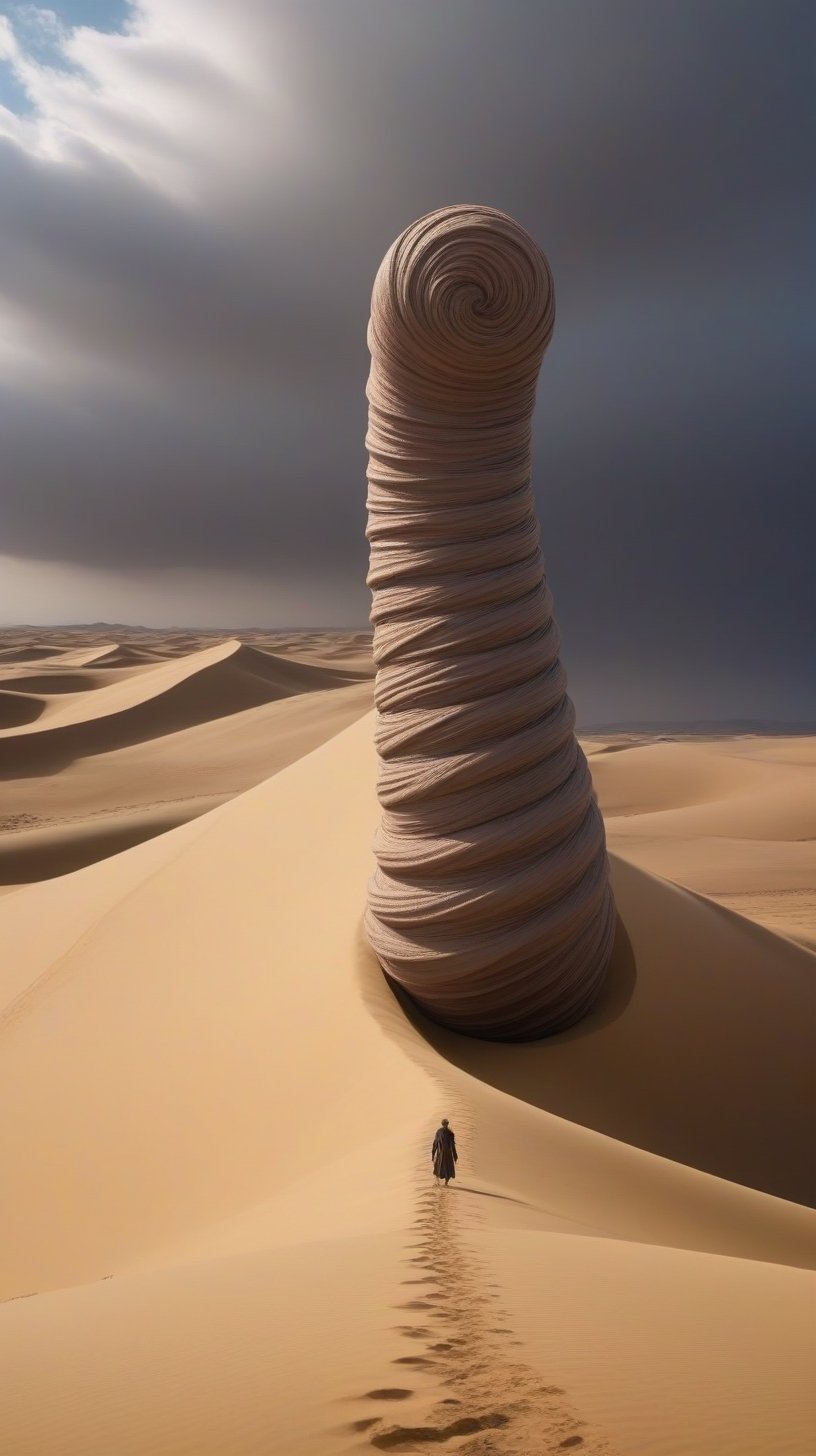 a photograph a giant sand worm , dune movie, a person walking in the desert, still from movie dune, dune movie poster, dune (2021), scene from dune 2 0 2 1 movie, thm style, a photograph a giant sand worm , dune movie,  fluid motion, dynamic movement, cinematic lighting, ,action shot,art by Klimt, airbrush art, 