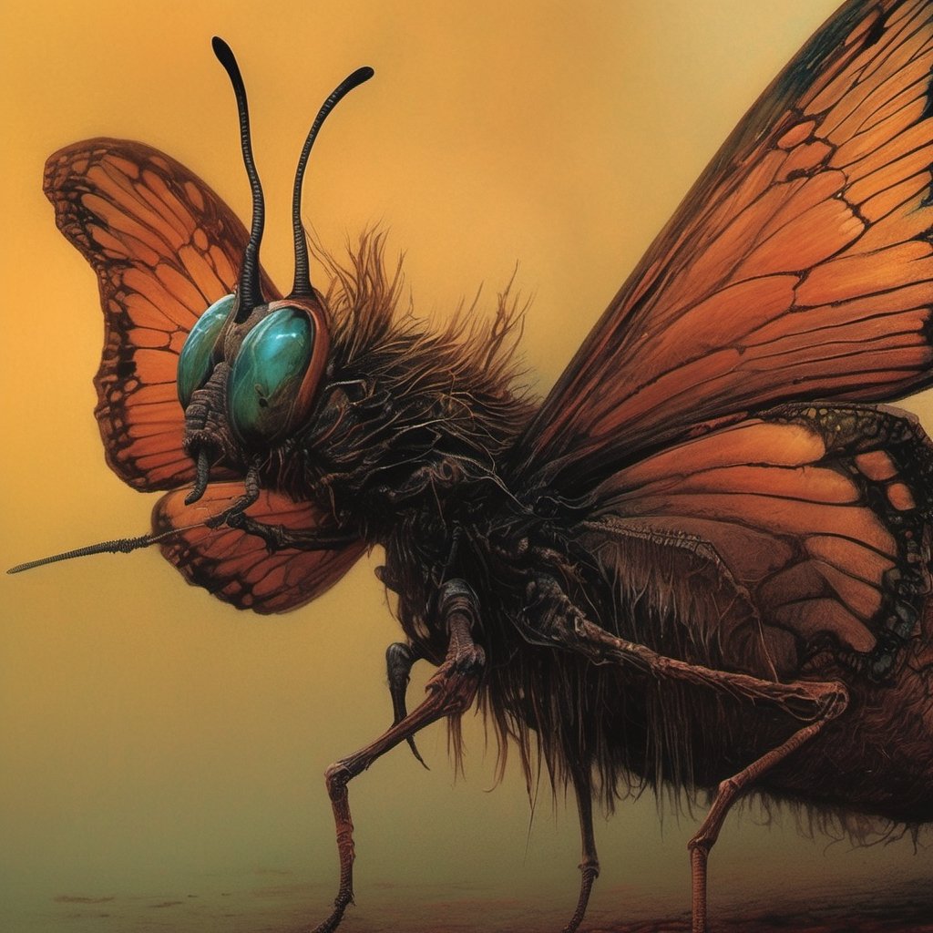 An extreme macroscopic close up of a butterflies mouth,  face and body and wings,  sporadic hairs by Ravishastri on Tensor...
