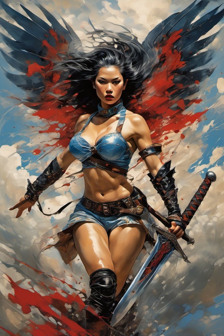 heaven poster, a warrior women, hair is wind blown, huge wings on her back, dramatic blue sky and angry lightening clouds behind her, long battle sword in her right hand, blood dripping from the sword, manga style, an oil painting, a masterpiece, art by TavitaNiko, art by Vallejo, art by Klimt , art by brom, tattoo by ed hardy, shaved hair, neck tattoos andy warhol, heavily muscled, biceps,glam gore, horror, demonic, hell visions, demonic women, military poster style, asian art, chequer board,