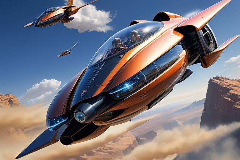 Create a visionary flying car that pushes the boundaries of design and technology. The machine is soaring above stunning l...