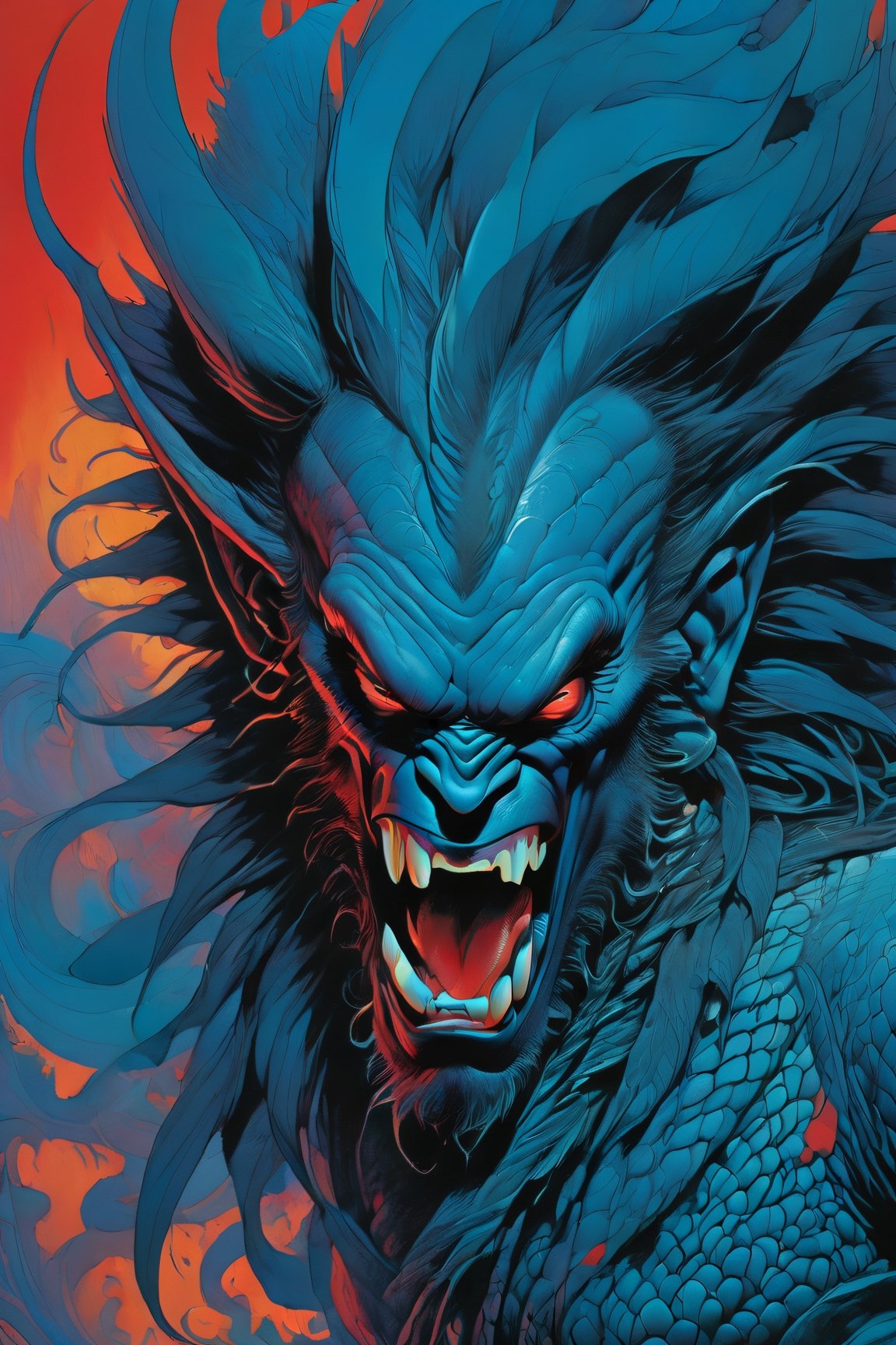 close up of the mans face, a sexy black african mans arm and shoulder, man is staring screaming at the viewer, raging, long hair, the arm and shoulder are covered in a very detailed intricate red and blue dragon tattoo that is protruding outfrom the skin, coming alive, its screaming, scratching, similar to dragon tattoo by Boris Vallejo, slowly you see the small dragon tattoo in parts is coming out of the skin and becoming a real version of the tattoo, sticking out, scales, extended claws, spit, spittle, blood drops, 16K, movie still, cinematic, ,omatsuri,DonMn1ghtm4reXL,DonMWr41thXL ,potma style,monster,retropunk style,Starship,zj,oni style,DonM5yn1hXL