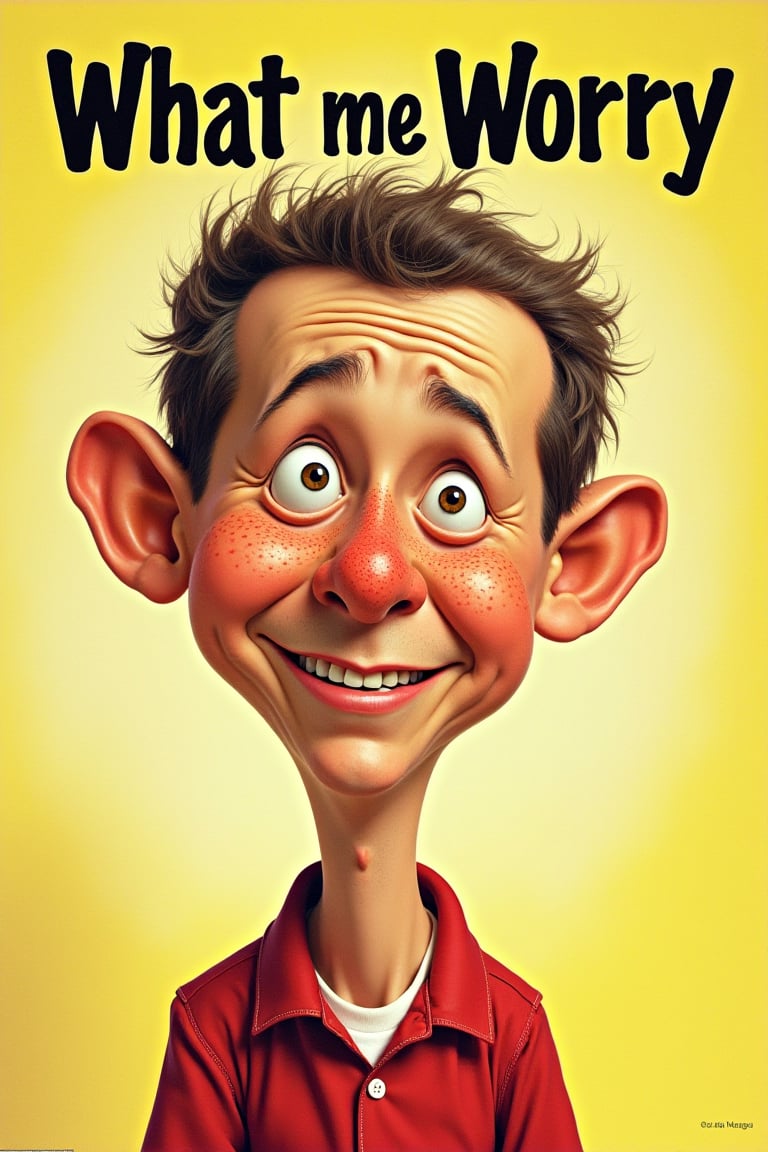 Mad magazine cover featuring alfred e neuman, a freckled face, typical worried pose, text says "What me Worry", smile with gap in teeth, doing some weird thing that is plain  stupid