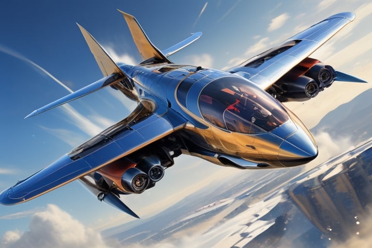 Create a visionary modern flying car that pushes the boundaries of design and technology. The machine is soaring above stu...