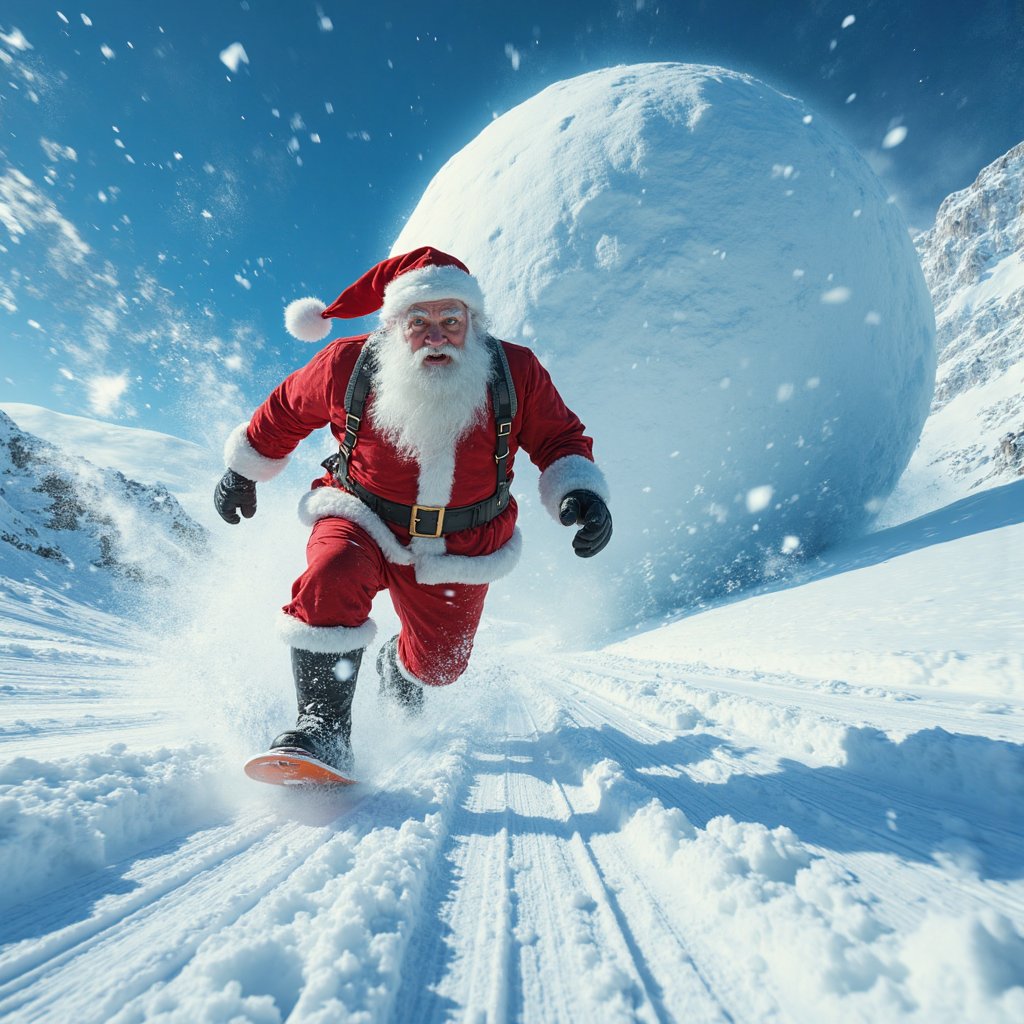 Tracking shot of a panicked santa claus,  RIDING A sked THAT IS running away from a huge snowball. In this iconic action s...
