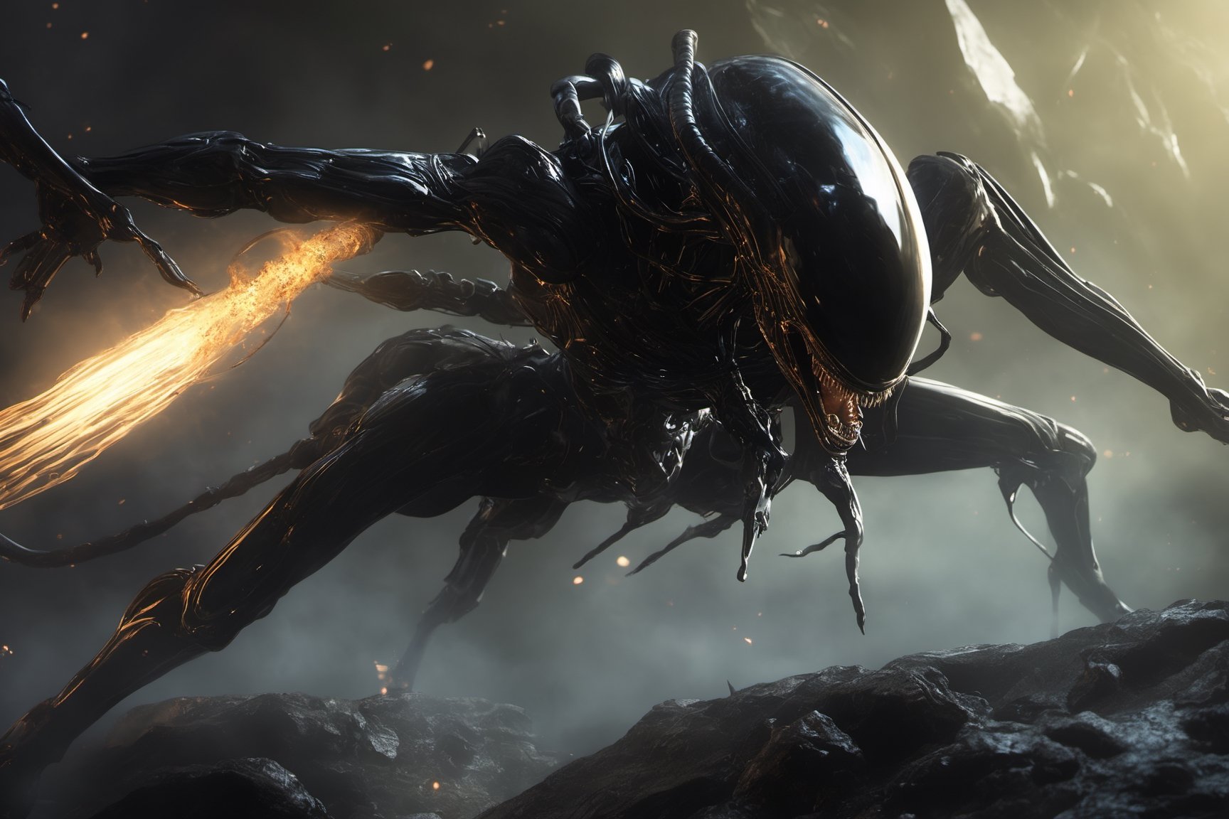an alien sspider xenomorph launches itself at a nearby victim,  black shiny carapace,  see through to the skull by Ravisha...