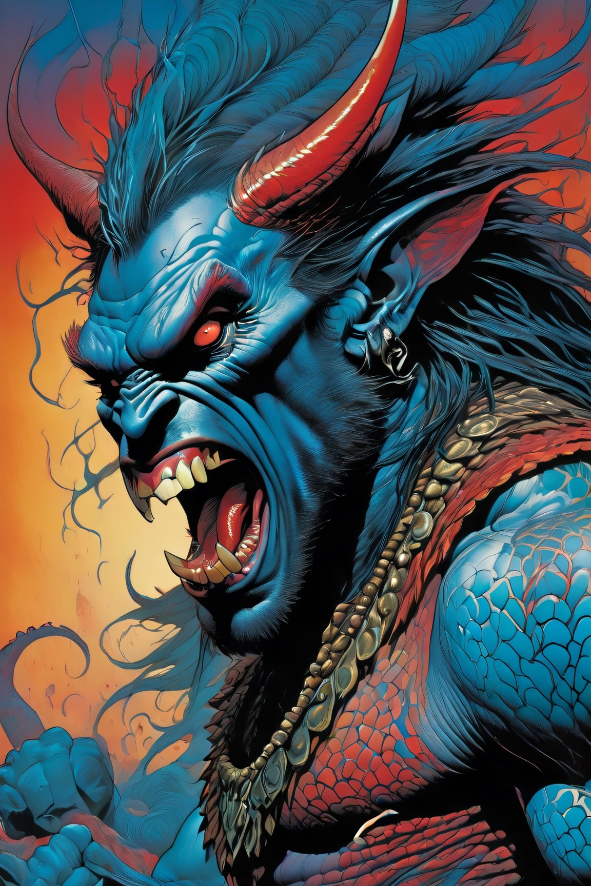 close up of the mans face, a sexy black african mans arm and shoulder, man is staring screaming at the viewer, raging, long hair, the arm and shoulder are covered in a very detailed intricate red and blue dragon tattoo that is protruding outfrom the skin, coming alive, its screaming, scratching, similar to dragon tattoo by Boris Vallejo, slowly you see the small dragon tattoo in parts is coming out of the skin and becoming a real version of the tattoo, sticking out, scales, extended claws, spit, spittle, blood drops, 16K, movie still, cinematic, ,omatsuri,DonMn1ghtm4reXL