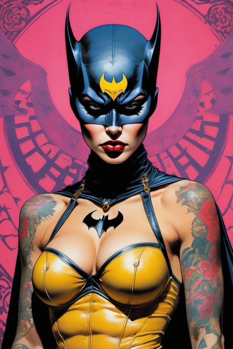 Batgirl , Horror Comics style, art by brom, tattoo by ed hardy, shaved hair, neck tattoos andy warhol, heavily muscled, biceps,glam gore, horror, demonic, hell visions, demonic women, military poster style, asian art, chequer board