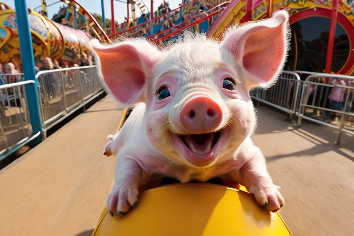 a cute 10 week old piglet,  white,  riding the roller coaster at the fairground by Ravishastri on Tensor.Art