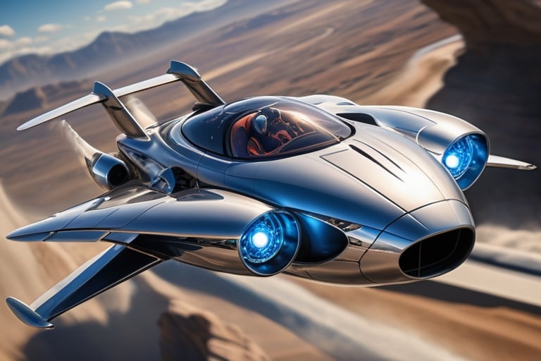 Create a visionary flying car that pushes the boundaries of design and technology. The machine is soaring above stunning l...