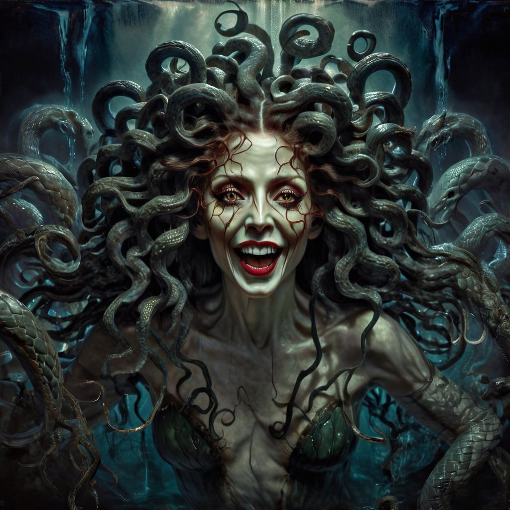 Create a captivating and realistic digital artwork of Medusa, the mythological Gorgon, with her iconic snake hair. Craft a scene that portrays her in all her terrifying beauty, and bring out the intricate details of her serpentine locks. Use your artistic talent to capture the essence of this mythical character, making her come to life on the canvas. Let your imagination and creativity run wild in depicting Medusa and her mesmerizing, venomous hair in a way that evokes both fear and fascination, she is standing in a pool of water, the water ripples arounf her, she wears a loose white top, red lips, a wry smile on her face, she is terrifying,